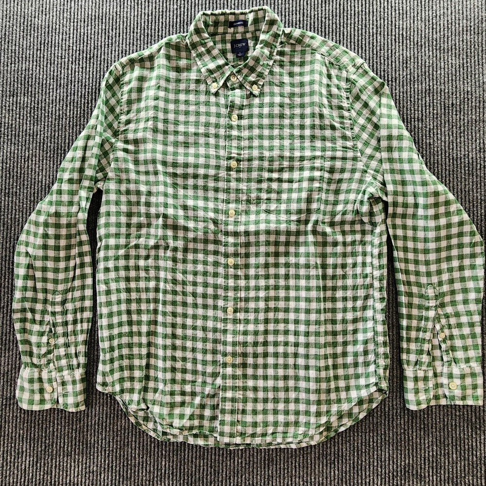 J‎ Crew Shirt Mens Large Green Check Linen Button Up Long Sleeve Casual Summer